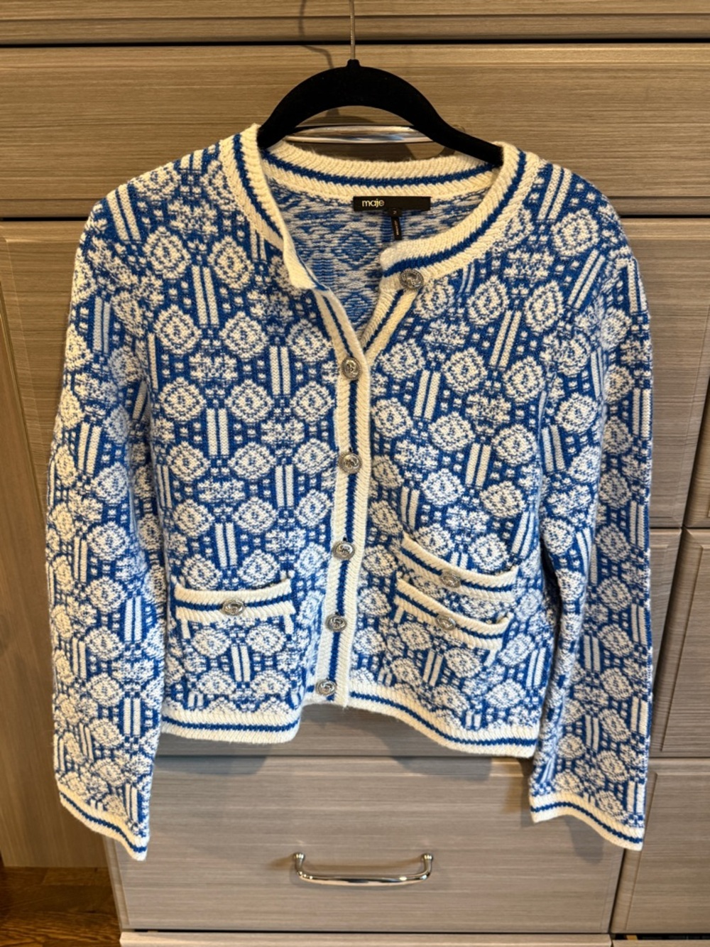 Maje Blue and Cream Patterned Knit Cardigan